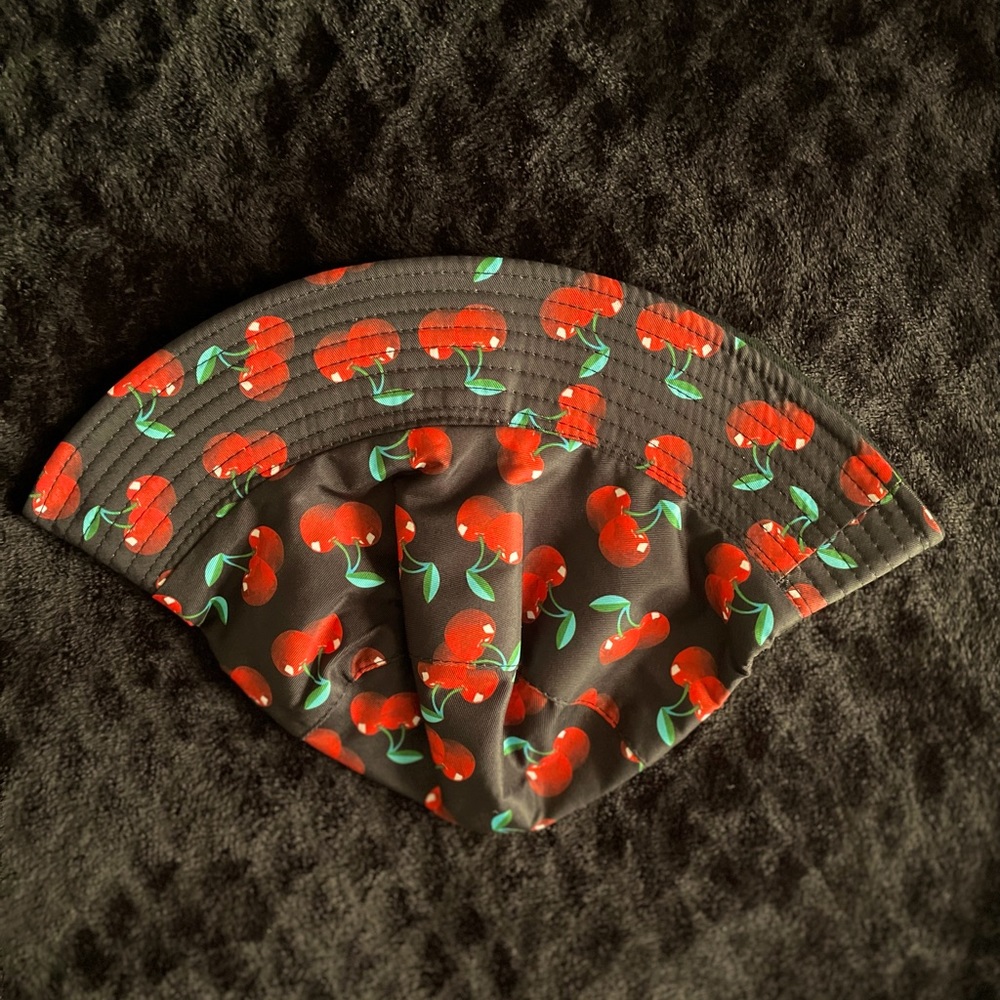 Black  Cherry Bucket Hat with cherries all over